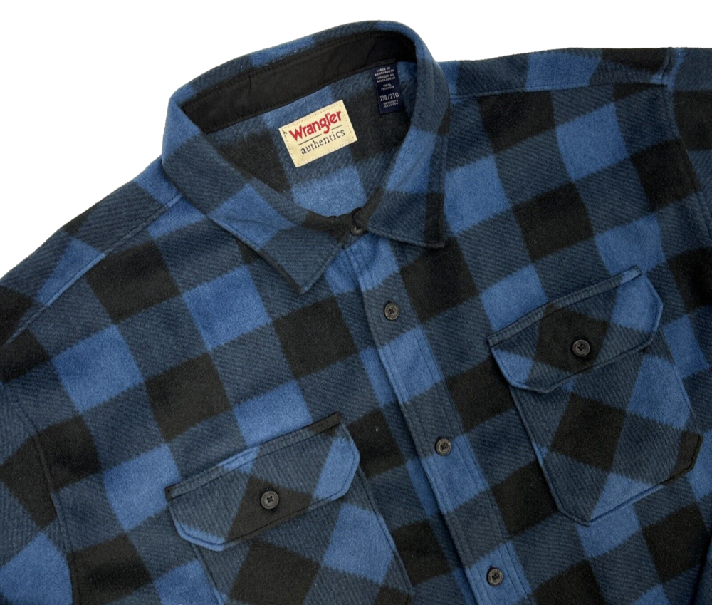 Wrangler Authentics Button Up Chest Pockets Fleece Shirt Men 2XL Blue Blk Plaid